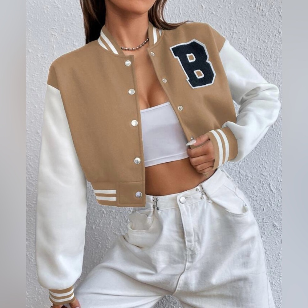 SHEIN Tan Letter B Patched Detail Striped Trim Crop Varsity Jacket
